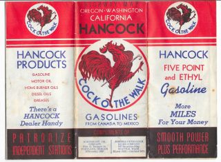 Vintage 1939 Hancock Cock Of The Walk Rooster Gas Gasoline Oil Highway Road Map