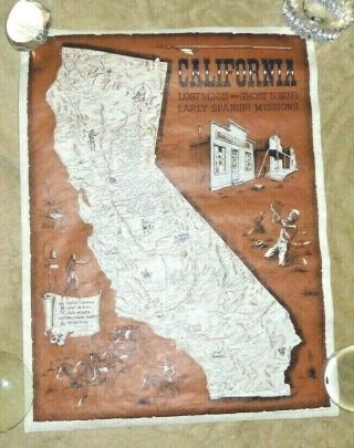 Vintage Lovely Cartoon Map Of California Lost Mines Ghost Towns By Dagosta 1969