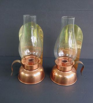 Brass & Copper Candle Holders " Hurricane " Copper Craft Guild,  Taunton Mass.  Set