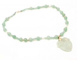 Vtg Carved Jadeite Jade Bead Necklace Pearl 14k Gold Peach Fruit Strand Chinese