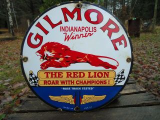 Old 1952 Gilmore Gasoline " The Red Lion " Porcelain Enamel Gas Pump Sign