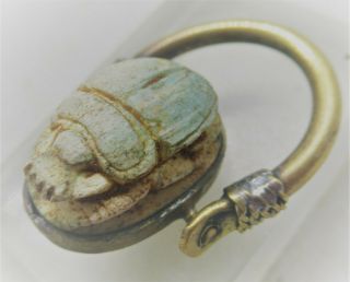 Ancient Egyptian Faience Scarab Bead Seal In A Gold Gilt Swivel Ring