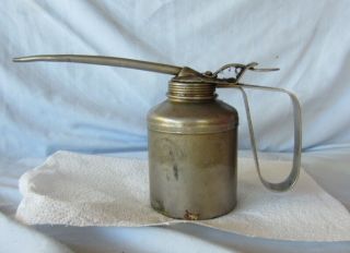 Vintage Plews Metal Oil Can Long Neck Spout Thumb Pump
