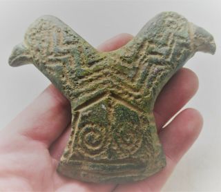 Circa 900 - 1000ad Viking Era Norse Bronze Mount Twin Raven Heads Europe