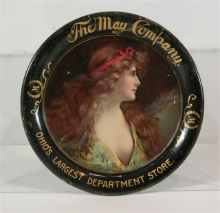 C1905 The May Company Tin Lithograph Advertising Tip Tray Woman Beer