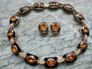 Vintage Gold Tone Blue Enamel & Amber Cloured Stone Burberry Necklace Set