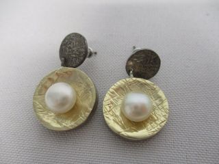 Vintage Signed Hallmark Hammered Sterling Silver 14k Gold Pearl Pierced Earrings