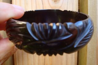 Vintage Eggplant 2 Black Bakelite Bracelet Art Deco Era Scroll & Leaf Carvings 2