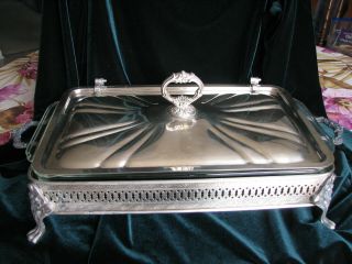 Vintage Serving Dish Casserole 13x9 Glass /silver Plated Holder/stand With Lid