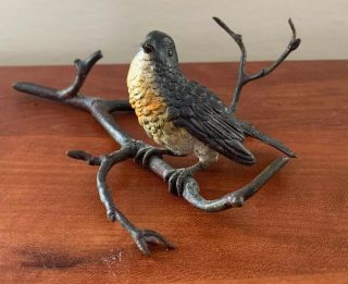 Antique Cold Painted Vienna Bronze Robin Bird Branch Twig Signed 5” X 4 1/2”