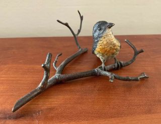Antique Cold Painted Vienna Bronze Robin Bird Branch Twig Signed 5” X 4 1/2” 2