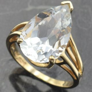Estate 14k Yellow Gold 6.  84 Ct White Topaz Pear Solitaire Cocktail Ring Size 6