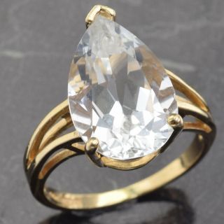 Estate 14K Yellow Gold 6.  84 Ct White Topaz Pear Solitaire Cocktail Ring Size 6 2