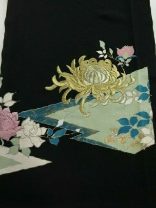 2d03z70 Japanese Kimono Silk Fabric Black Chrysanthemum 47.  2 " Embroidery