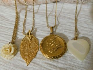 Set Of 4 Vintage Pendant Necklaces Art Deco Locket,  Carved Mother Of Pearl,  Leaf