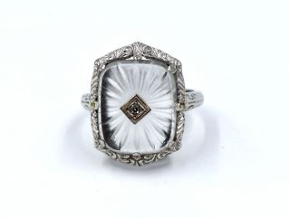 Vintage Art Deco Diamond Camphor Glass Ring Baroque Scroll 14k White Gold Sz 5.  5