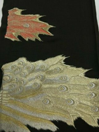 3i02z100 Japanese Kimono Silk Fabric Black Peacock Feather 48 " Embroidery