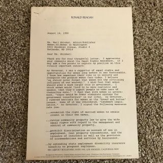 Candidate Ronald Reagan Signed Letter Expressing His Views On Women 