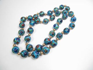 Vintage Cloisonné Bead Necklace Chinese Floral Turquoise Blue Enamel Gold Filled