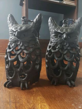 Two Vintage 9 1/2 " Cast Iron Owl Lantern Candle Holder Stand Or Hang