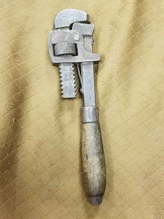 Antique Threadwell 10 " Adjustable Pipe Monkey Wrench Wood Handle