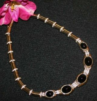 Elegant Ciner Signed Necklace With Black Cabs And Rhinestones In Gold Tone Exc.