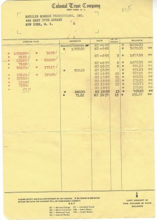 Rare Marilyn Monroe Bank Statement From 10/57 - Her Ny Production Co.