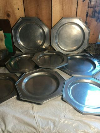 Set Of 8 Vintage Wilton Armetale Pewter 9 " & 10 " Octagon Dinner Plates