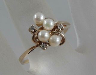 Vintage 10 Karat Yellow Gold Pearl & Diamond Ring Size 8 10k F0988