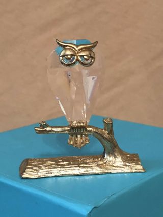Vintage Austrian Crystal Owl Sitting On Gold Metal Branch/base