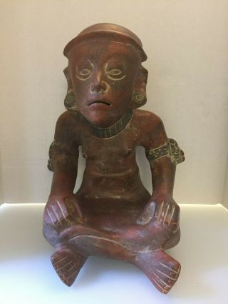 Vintage 14 " Mayan Aztec Terra Cotta Hollow Clay Seated Figure Statue