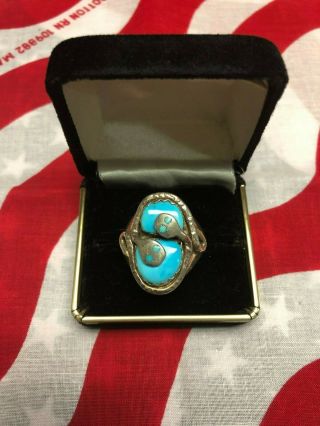 Zuni Signed Effie C Calavaza Sterling Silver Turquoise Double Snake Ring Sz 13