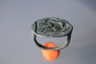 Ancient Fantastic Roman Bronze Ring Hercules And Lion 1st - 4th Century Ad