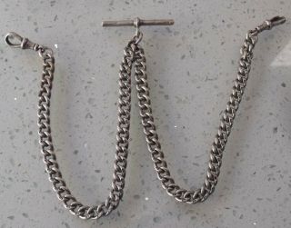 Antique Double Albert Sterling Silver Pocket Watch Chain.