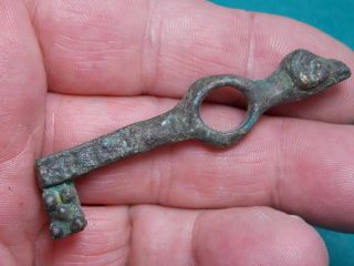 Ancient Roman Bronze Casket Key With Rams Head Terminal