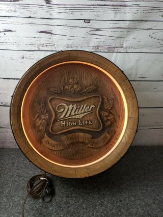 Vintage 1984 Miller High Life Beer Lighted Barrel Sign Bar Pub Man Cave 18.  5 "