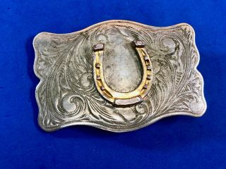 Vintage Nickel Silver Belt Buckle Featuring Lucky Horse Shoe - Engraved? Swirl