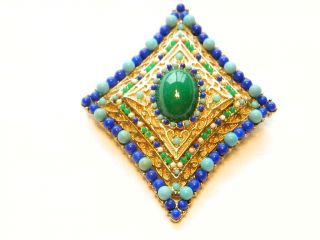 Vintage 3 " Boucher Signed Asian Lapis Jade Glass Cabochon Pin Brooch