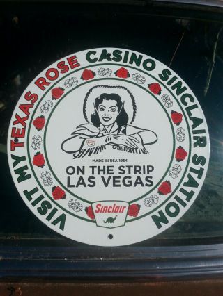 1954 Sinclair Dino Oil Porcelain Sign Gas Vegas Texas Rose Casino Cowgirl Nos