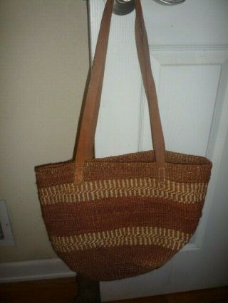 African Bolga Hand Crafted Woven Market Basket Grass & Leather Purse