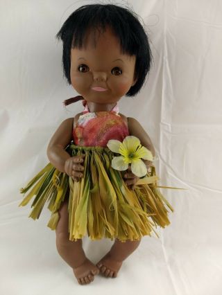 Vintage Hawaiian Hawaii Baby Doll With Grass Hula Skirt Sleepy Eyes