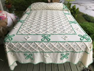 92” Cream Sickle Vintage Chenille Bedspread Apple Green Tufting Grid Work Off Wh