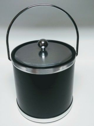 Black Leather 3 Qt Ice Bucket Silver Trim Lid & Handled Elegance By Kraftware