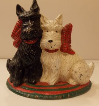 Vintage Cast Iron Doorstop 2 Scottish Terrier Dogs 1 Black & 1 White Adorable