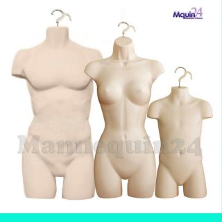 3 Mannequin Torsos - Flesh Muscle Male Female & Child Dress Form Set W/ 3hangers