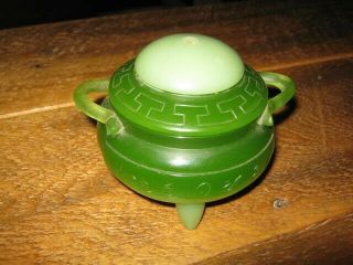 Vintage Asian (chinese?) Green Footed Trinket Box With Lid - Hard Resin - Marked