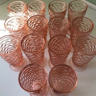 14 Vintage Pink Depression Glass Cubist Footed Drinkware Tumblers 6 " Jeannette?