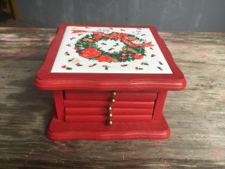 Vintage Set 6 Red Wooden Christmas Holiday Drink Coasters W Holder Wreath Doves