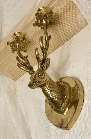 Vintage Brass Deer Wall Sconce Candle Holder Ornate Head Buck Stag 10 " X 6 " X 4 "