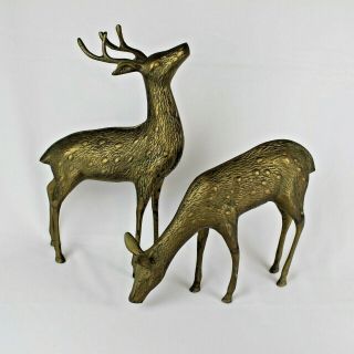 Vintage Set Of 2 Solid Brass Standing Deer - Large Buck & Doe,  Christmas Decor